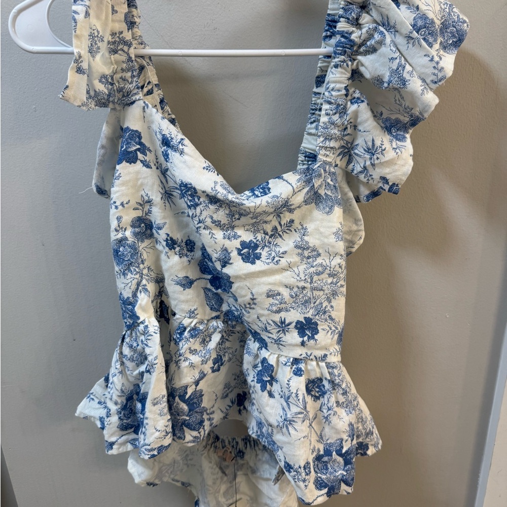 Blue Floral Ruffle Sleeveless Women's Top